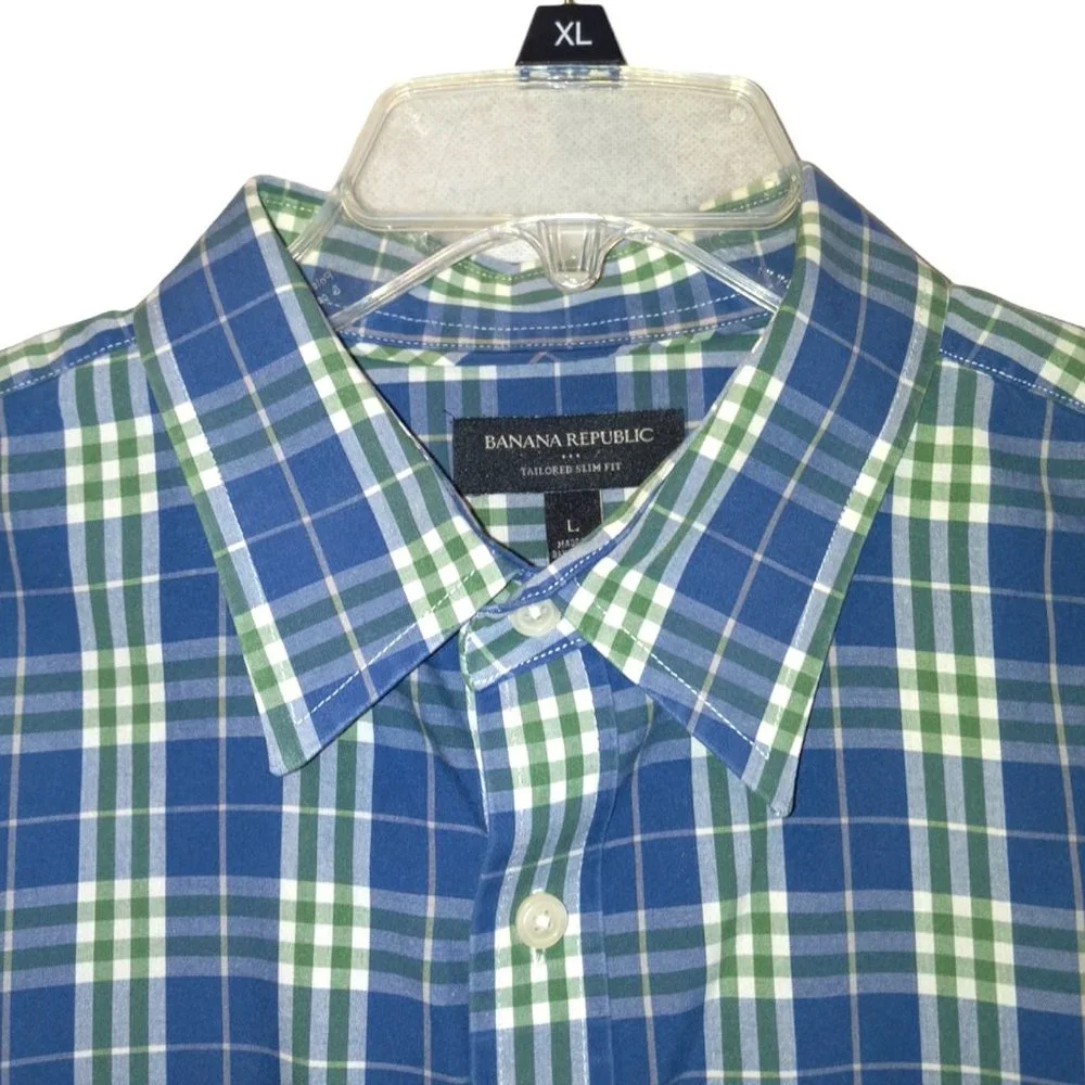 Banana Republic Men's Plaid Shirt Long Sleeve Button Up Sz L Pocket Green/Blue